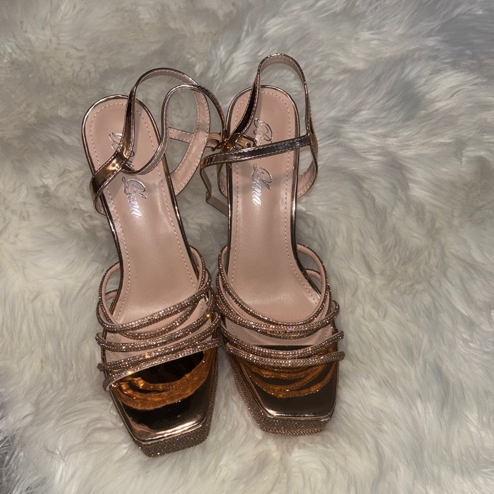 Metallic Rose Gold Strappy Block Heel Sandals
